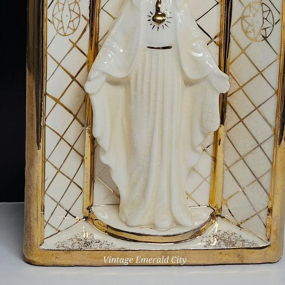 Vtg Geo Z Lefton 3D Virgin Mary Sculpture Wall Pocket Planter Ivory Gold Japan